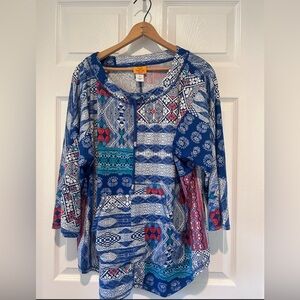Ruby Rd. Womens 1X Blue Red Patchwork Print Long Sleeve Top Boho Artsy Eclectic